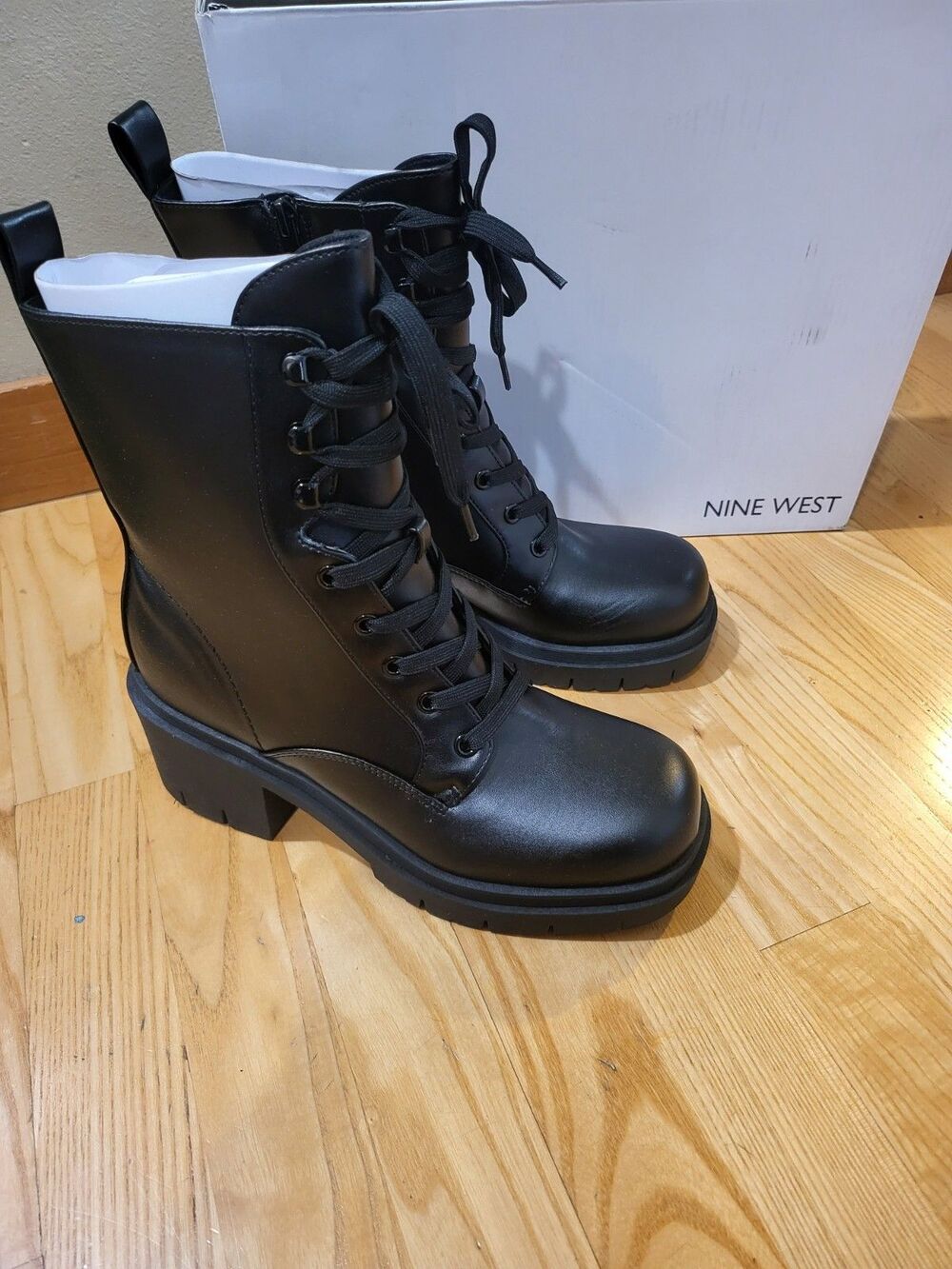 Nine West Juna3 Combat Ankle Boots Womens Size 8.5 M Black Chunky Heel NEW Box